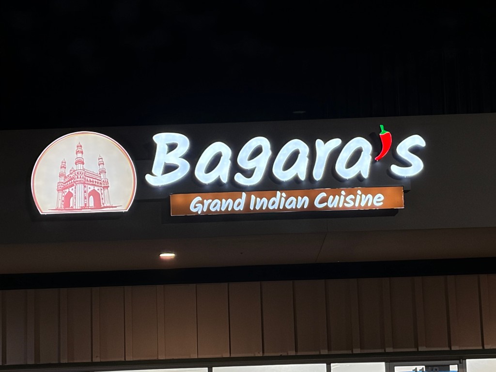 Bagara's San Jose illuminated storefront sign at night